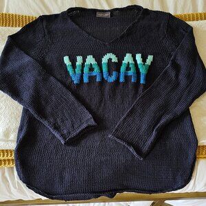 Wooden Ships Navy Knit Sweater with Teal & Aqua VACAY Lettering